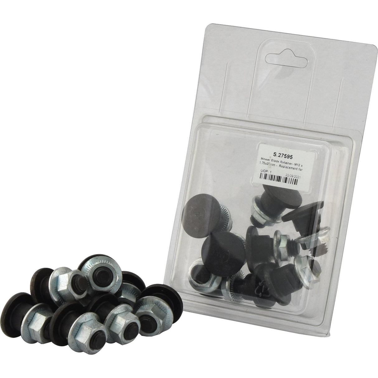 An Agripak retail package containing eight Sparex Mower Blade Retainers (M12 x 1.75x33mm), replacements for Kuhn (Sparex Part No.S.27595), displayed next to a loose assortment of similar M12 x 1.75 knobs.