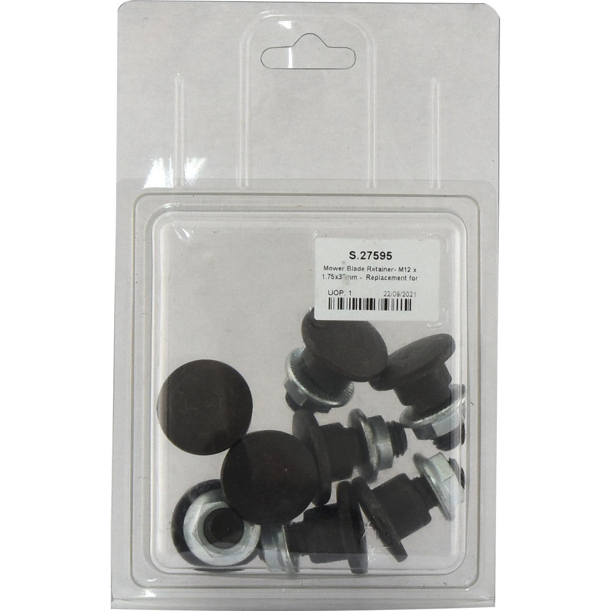 A package containing eight Mower Blade Retainers (M12 x 1.75x33mm) labeled as "Sparex Part No.S.27595" and suitable as replacements for Kuhn, comparable to Agripak models.