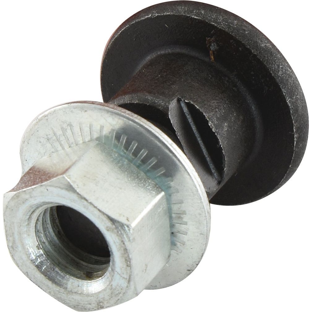 The Mower Blade Retainer - M12 x 1.75x33mm by Sparex, designed as a replacement for Kuhn and includes 8 pieces per Agripak, features a metal nut with a slotted cylindrical piece attached on the backside. (Sparex Part No. S.27595)