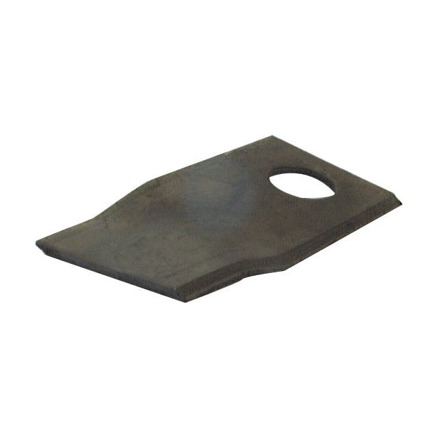 Close-up of a twisted blade with an irregular shape and a small cut-out hole near one end, showcasing the intricate details often associated with Sparex Mower Blade models, specifically designed for replacement in PZ, Krone, Vicon, and Kuhn applications.