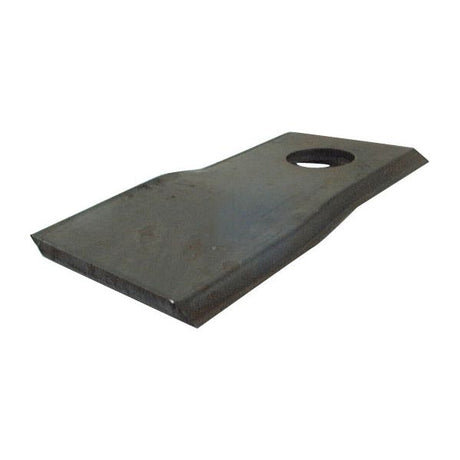 A Sparex mower blade featuring a twisted design with a sharp top edge and parallel sides, measuring 115 x 47 x 4 mm, and including a 19mm diameter circular hole near one end to accommodate Rasspe Fasteners; specifically designed as a left-handed replacement part for Claas models under the product code S.78171 (To fit: 9520430).