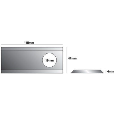 Technical drawing of a Sparex Mower Blade - Twisted blade, top edge sharp and parallel with dimensions: 115mm length, 47mm height, and 4mm thickness. Includes a circular cutout with a 19mm diameter. Side view shows a beveled edge. This is a right-hand replacement for To fit as: 9520420 (Sparex Part No.S.78170).