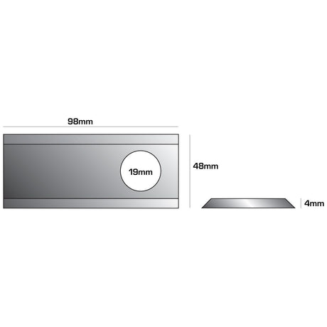 Detailed line drawing of a rectangular Sparex Mower Blade, resembling the precision of a Rasspe blade, measuring 98mm by 48mm with a 19mm hole and a thickness of 4mm. A side view shows the object's beveled edge.