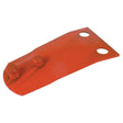 Flat, red Sparex Mower Blade Holder measuring 185mm in length and 104mm in width, with two cylindrical pegs on one end and two 60mm hole centres on the other, suitable for use with Fella KM270 models (Replacement for Fella To fit as: 140309).