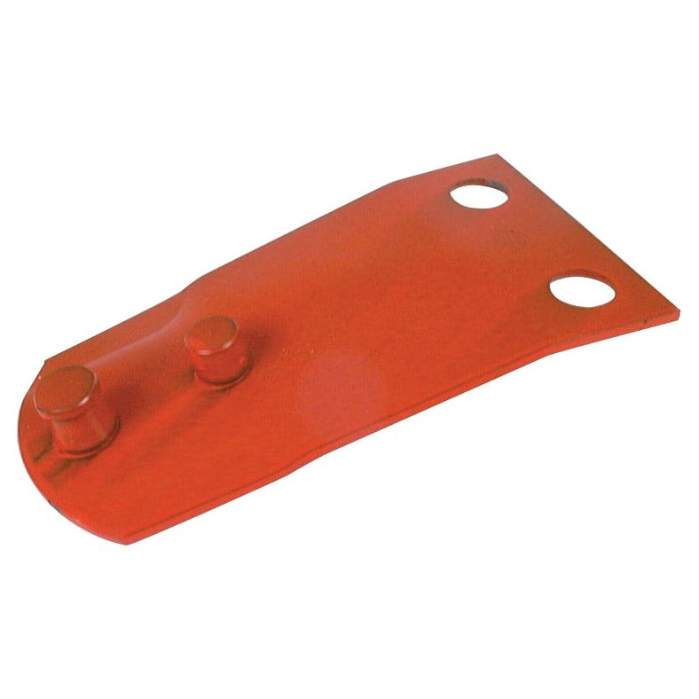 A flat, rectangular, red metal bracket with two circular holes and two protruding pegs on one end, compatible with Fella KM270 models and matches OE Reference 140309 for precise fitment. This Sparex Mower blade holder measures 185mm in length and 104mm in width, with hole centres at 60mm. It fits as a replacement part number S.78430.