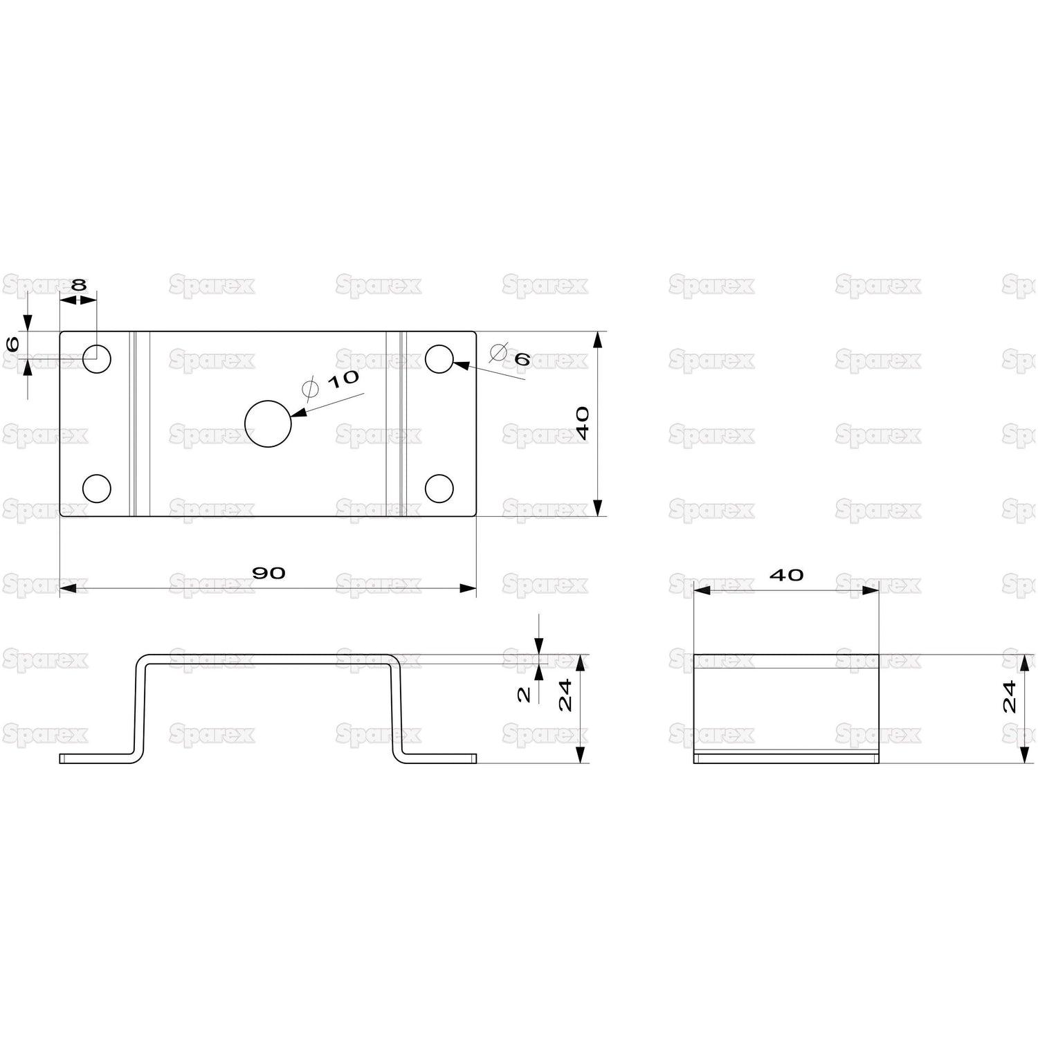 Technical drawing of the Mudguard Bracket for Work Light | Sparex Part No.S.112533, showing front, top, and side views. Dimensions: 90mm width, 40mm height, and 24mm depth. It includes detailed hole specifications and placement for precision.