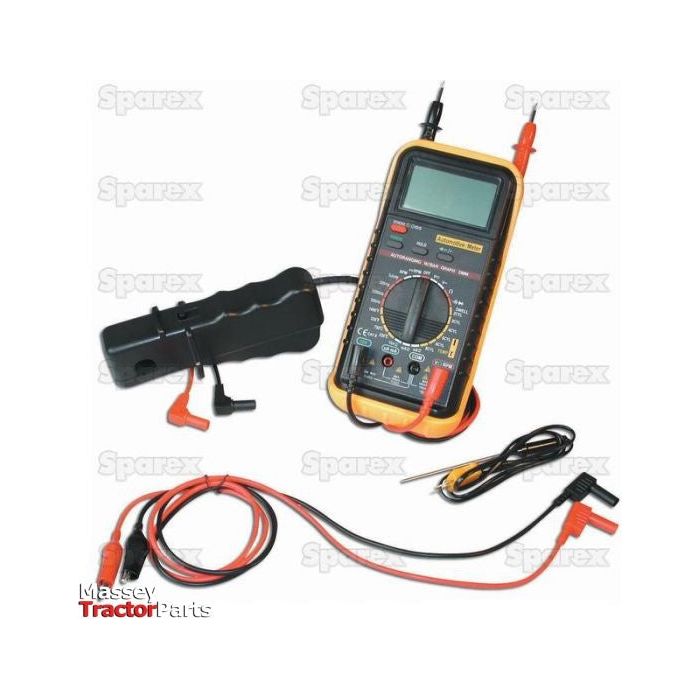 The Sparex Multimeter - S.151761, accompanied by attached probes and wires including an alligator clip and a black plastic attachment, is ideal for voltage measurement in automotive applications and is displayed on a white background.