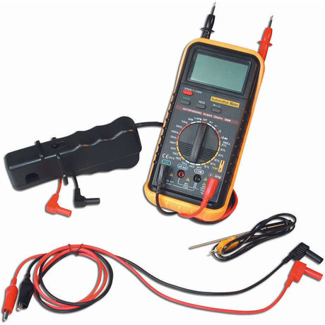 Here's a rephrased version of the sentence using the provided product data:
"The Sparex Multimeter - S.151761 comes with various cables and probes, including a clamp meter attachment and test leads with alligator clips, making it ideal for voltage measurement in automotive applications.