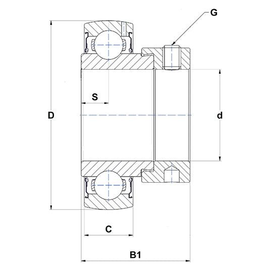 Technical drawing of the NTN SNR Plummer Block Bearing Insert (ES205) - S.159293 by Sparex, with measurements labeled G, S, D, d, C, and B1. The diagram includes cross-sectional details and ball bearings along with a locking collar for secure placement.