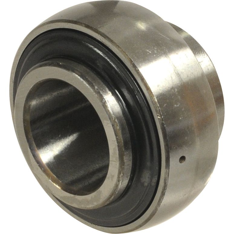 Close-up of the NTN SNR Plummer Block Bearing Insert (UC211) - S.129692, featuring a round opening with a black rubber seal, suitable for various applications. This Sparex bearing has a shiny, smooth finish, showcasing the precision of its manufacture.
