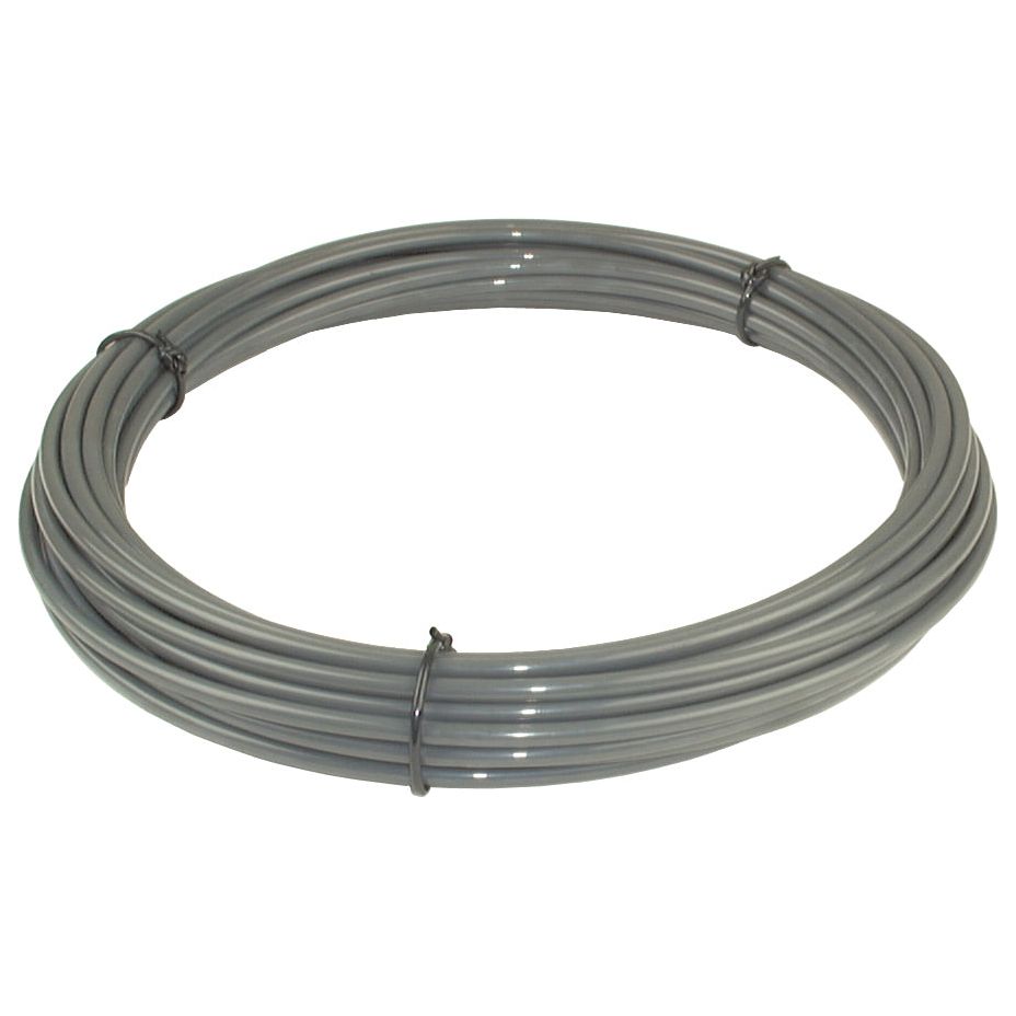 A 15-meter, gray-colored hose called "NYLON TUBING-1/4''X15M GREY - S.12838" by Sparex, often used in pneumatic systems or as a fuel line, secured with metal clips.