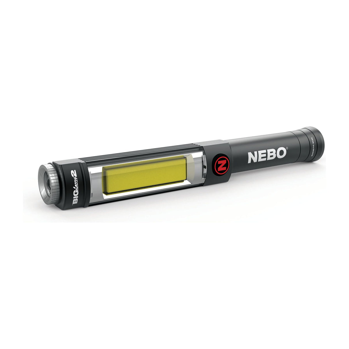 A black and silver Sparex Nebo BIG LARRY 2 LED Light (Model S.162676) with a magnetic base and yellow LED strip is shown on a white background.