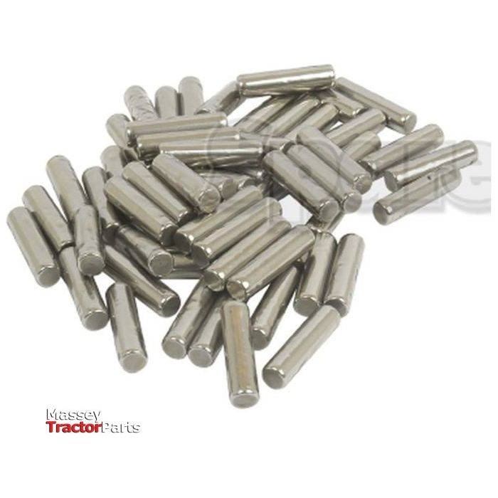 A pile of shiny, metallic cylindrical pins arranged irregularly. The text "Massey Tractor Parts" is in the bottom left corner, featuring a Sparex Needle Bearing kit (58 pcs.), part number S.66292, included in the assortment.