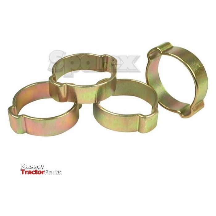 A set of four yellow-hued Hose "O" Clips, likely made from galvanized steel, with a simple cylindrical design are arranged against a white background. The image also features the logos of Massey Tractor Parts and Sparex, and includes the product name: Hose "O" Clip, Ø15-18mm | Sparex Part No. S.54370.
