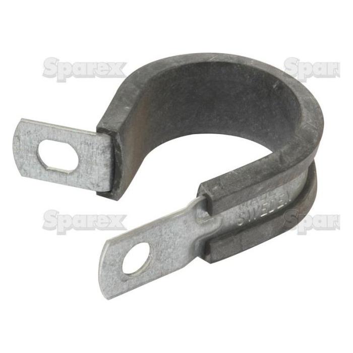 Presenting the Sparex Rubber Lined Clamp (Part No. S.54580), a galvanised steel P-clip clamp featuring a 24mm internal diameter and convenient mounting holes at each end, ideal for securing cables or pipes.
