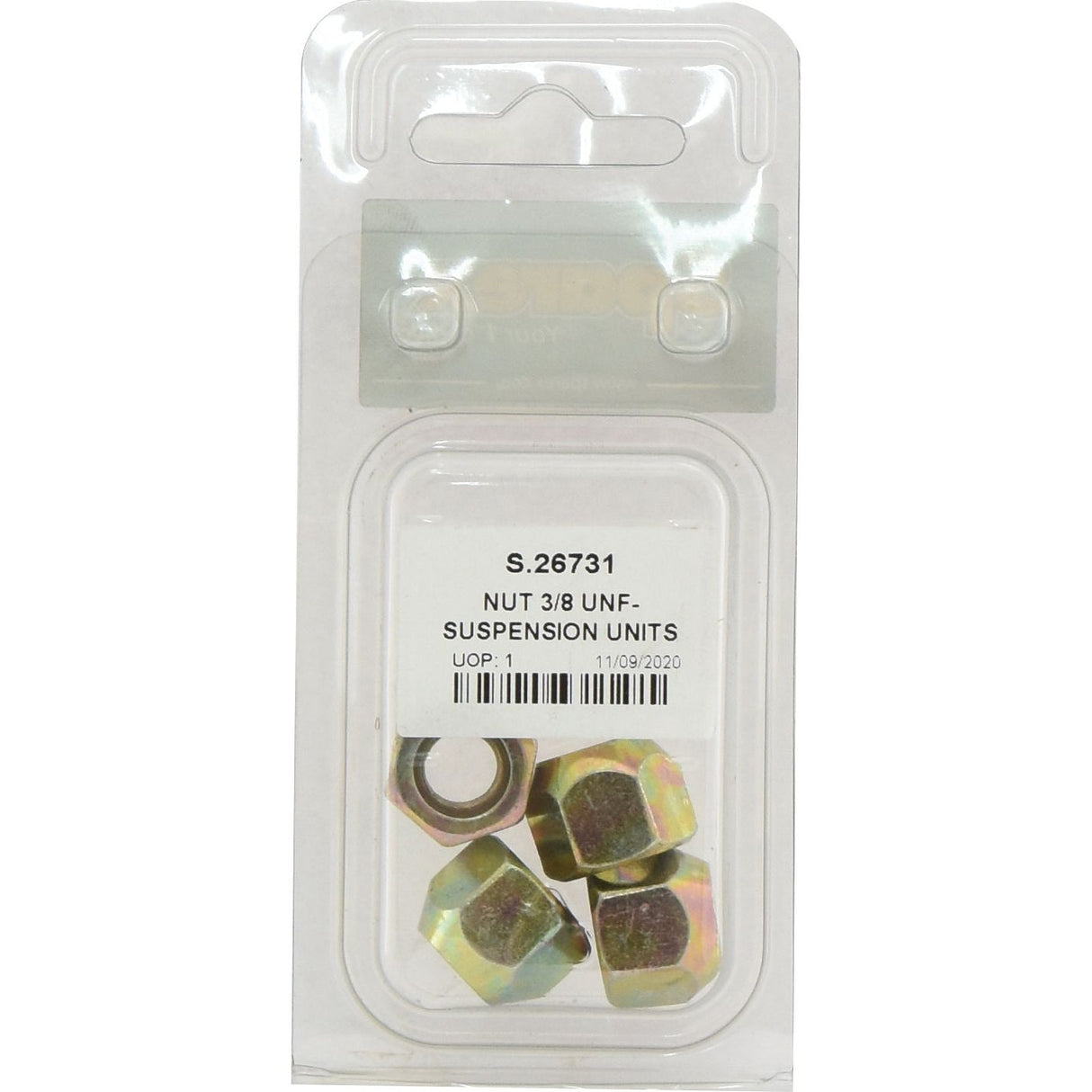 A pack of four Sparex Nuts for Suspension Unit 3/8'' UNF, labeled as S.26731, inside clear plastic packaging from Agripak.