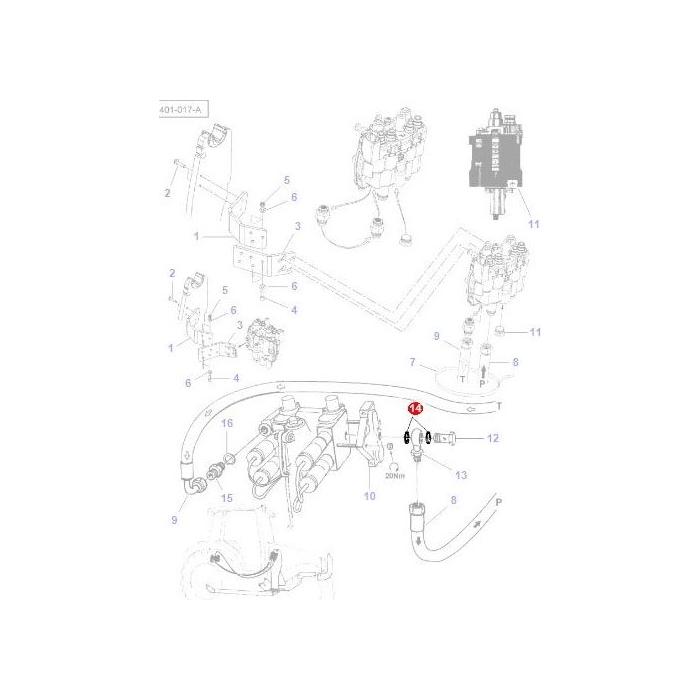 A technical diagram illustrating the interconnected components of the Massey Ferguson loader from the 4200 Series, featuring valves, pipes, and connectors identified by numerical labels. The illustration highlights specific parts like the AGCO branded "Massey Ferguson - O Ring - AL5037063" with circled numbers for easy reference.