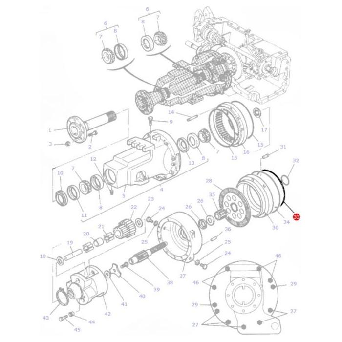An exploded diagram of a mechanical component assembly features various numbered parts, including gears, bearings, and housing components. It also provides a detailed placement of the Massey Ferguson O Ring Brake Piston (3617901M2) by AGCO, all meticulously arranged and labeled for clear identification.