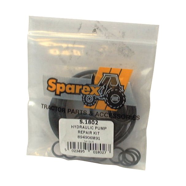 A hydraulic pump repair kit in a clear plastic bag with a label reading "Sparex Tractor Parts & Accessories O'Ring Kit | Sparex Part No.S.1802," suitable for Massey Ferguson models.
