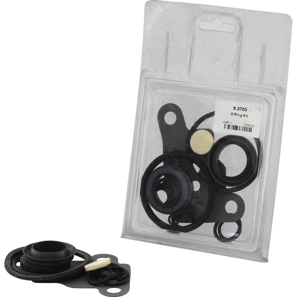 A package of the O'Ring Kit (Sparex Part No.S.3703) by Sparex, designed for Hydrosteer Type systems, contains various black rubber O-rings and washers, with some parts displayed in front of the packaging.