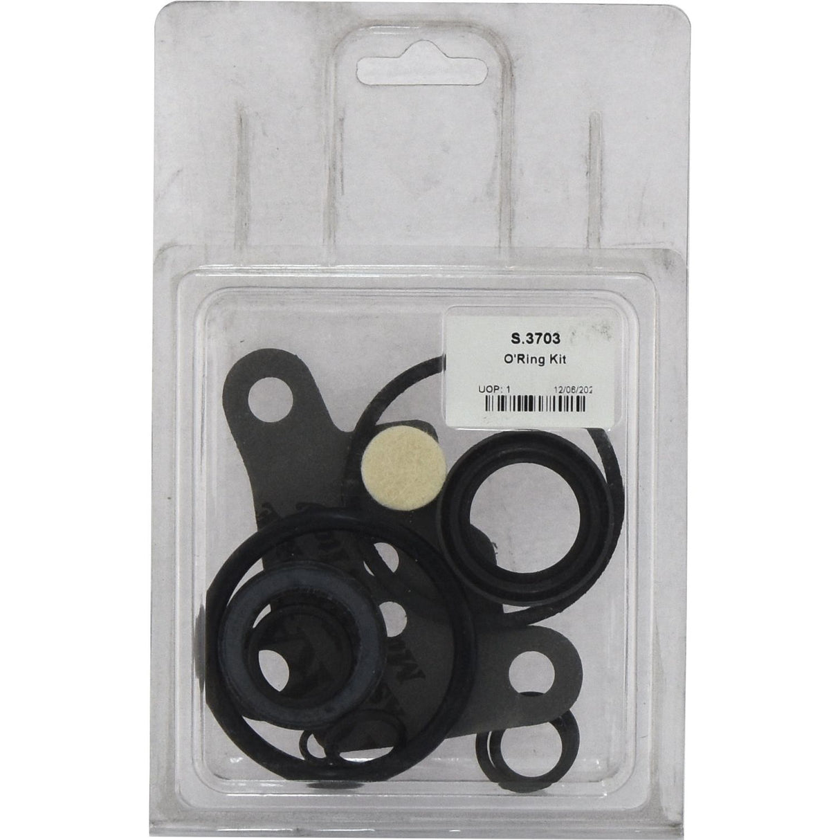 A packaged O'Ring Kit featuring multiple sizes of O-rings and seals, organized in a clear plastic case, with a label that reads "O'Ring Kit | Sparex Part No.S.3703". Suitable for Power Steering Ram and Hydrosteer Type systems, this product is branded by Sparex.
