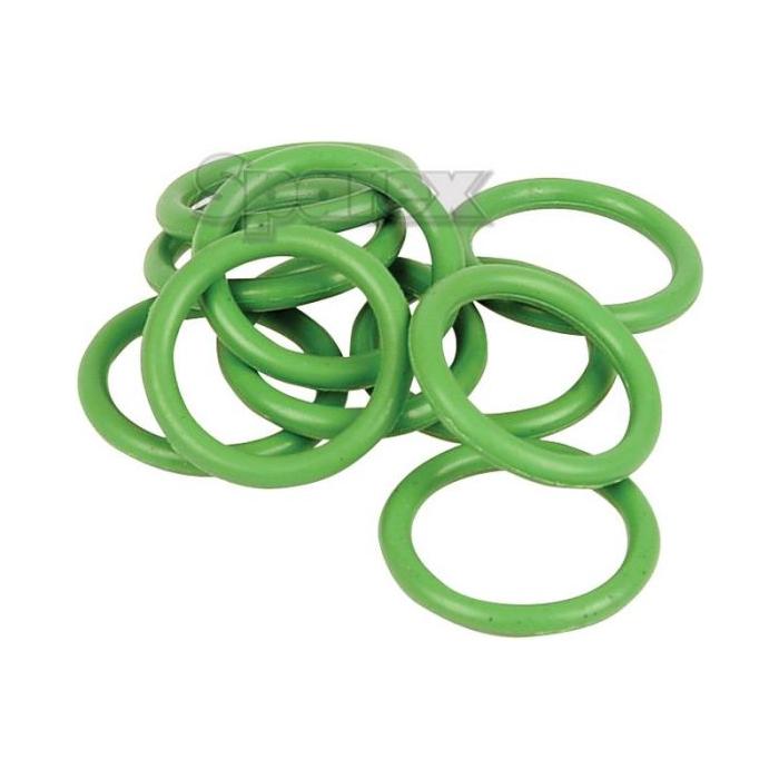 A pack of green rubber O-Rings, Sparex Part No. S.106845, measuring 10.82 x 14.38 x 1.78mm (10 pcs.), suitable for Case IH / International Harvester, including standard size 8 hose fittings and O Ring part number 013.