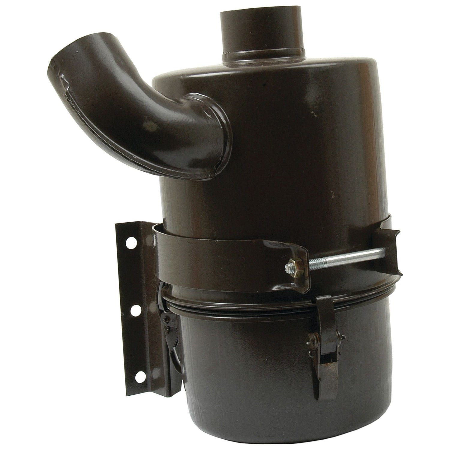 The Sparex Oil Bath Air Cleaner (Part No. S.40553) is a metal canister air filter featuring a curved intake pipe and mounting bracket, designed specifically for Massey Ferguson tractors with Perkins A4.236 engines.