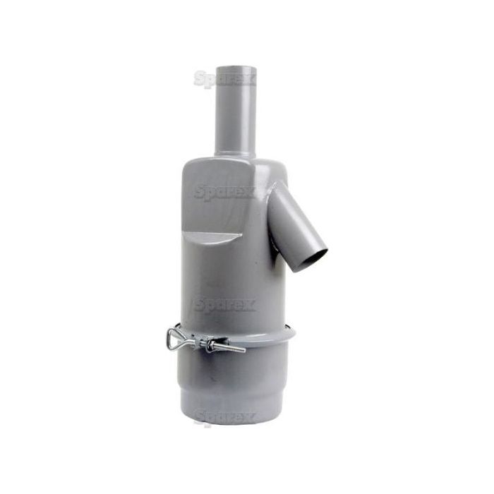 Introducing the Sparex Oil Bath Air Cleaner (Part No. S.43756) – a gray, cylindrical industrial exhaust muffler with a vertical design, featuring a side inlet pipe and a bottom clamp, perfectly compatible with Massey Ferguson tractors.