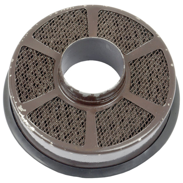 A round metal object with a central hole and a set of triangular mesh sections arrayed in a circle around it. The outer edge is dark, and the surface shows signs of wear, resembling an aged Sparex Oil Bath Element - S.40554 with a 150mm outer diameter.