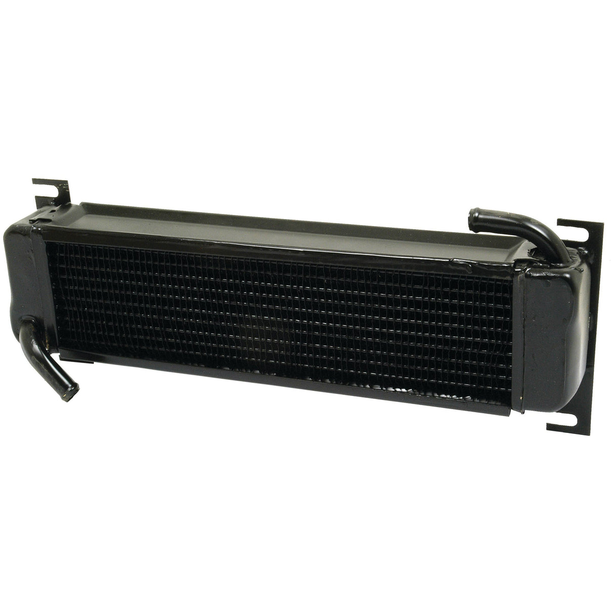 The Oil Cooler (Sparex Part No. S.315010) by Sparex, featuring a black radiator with two pipes designed for heat exchange, set against a white background, evokes the style of a John Deere oil cooler.