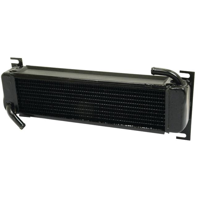 The Sparex Oil Cooler (Part No. S.315010) is a black metallic automotive radiator with two protruding hoses, designed to work seamlessly with John Deere machinery.