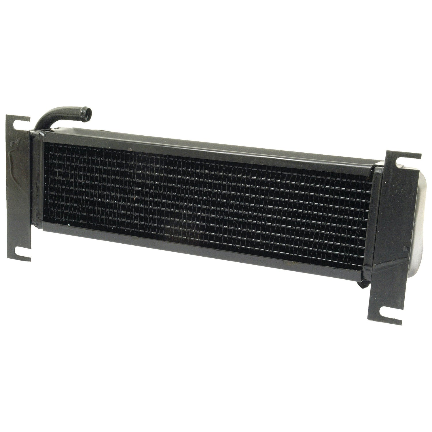 Image of a black automotive radiator with metal fins and two mounting brackets, designed for cooling the engine by dissipating heat. This Oil Cooler (Sparex Part No.S.315010) from Sparex can also function as a radiator for John Deere vehicles.