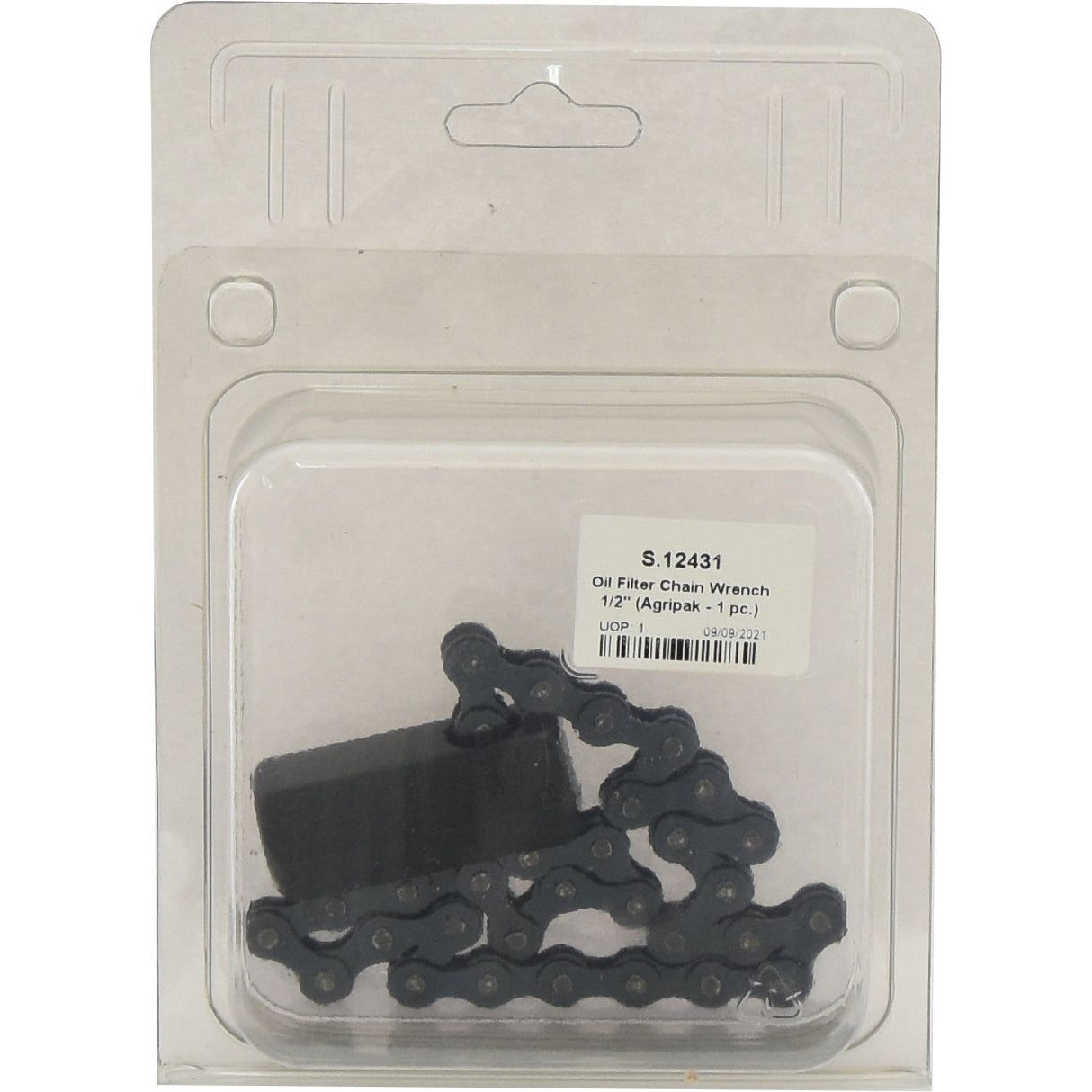 A packaged Oil Filter Wrench, labeled "Oil Filter Wrench | Sparex Part No. S.12431" and "1/2" (Agri-pak, 1 pc.)", proudly displaying its durable Sparex chain inside the clear plastic packaging with a white backing.