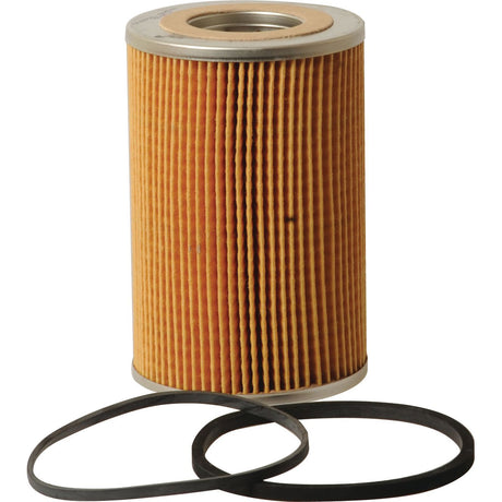 A Sparex Oil Filter - Element LF3632, with pleated orange paper element and metallic end caps, is shown alongside two black rubber gaskets.