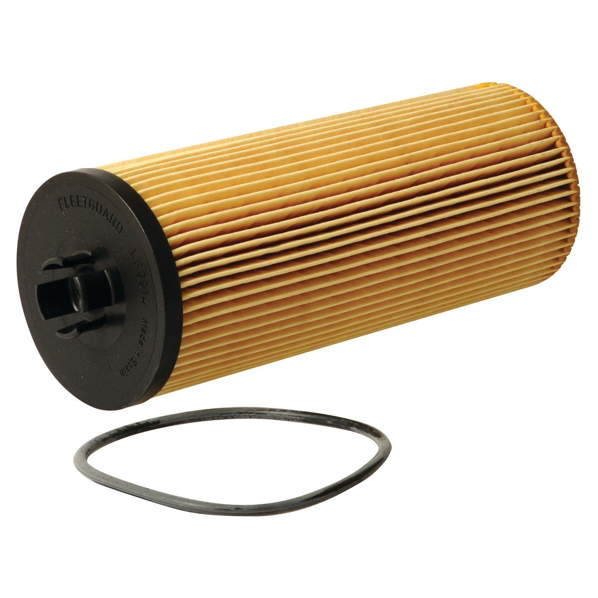A cylindrical Sparex Oil Filter Element - LF3914 (Sparex Part No.S.76454) with pleated paper and black plastic ends, placed next to an O-ring gasket, perfectly compatible with Claas DOMINATOR machinery.