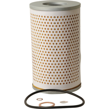 The Sparex Oil Filter - Element - LF4105 (Sparex Part No.S.76851) features a white perforated outer layer and comes with various rubber gaskets and seals, all showcased against a plain background. This Fleetguard oil filter guarantees optimal performance and durability for your vehicle's engine needs.