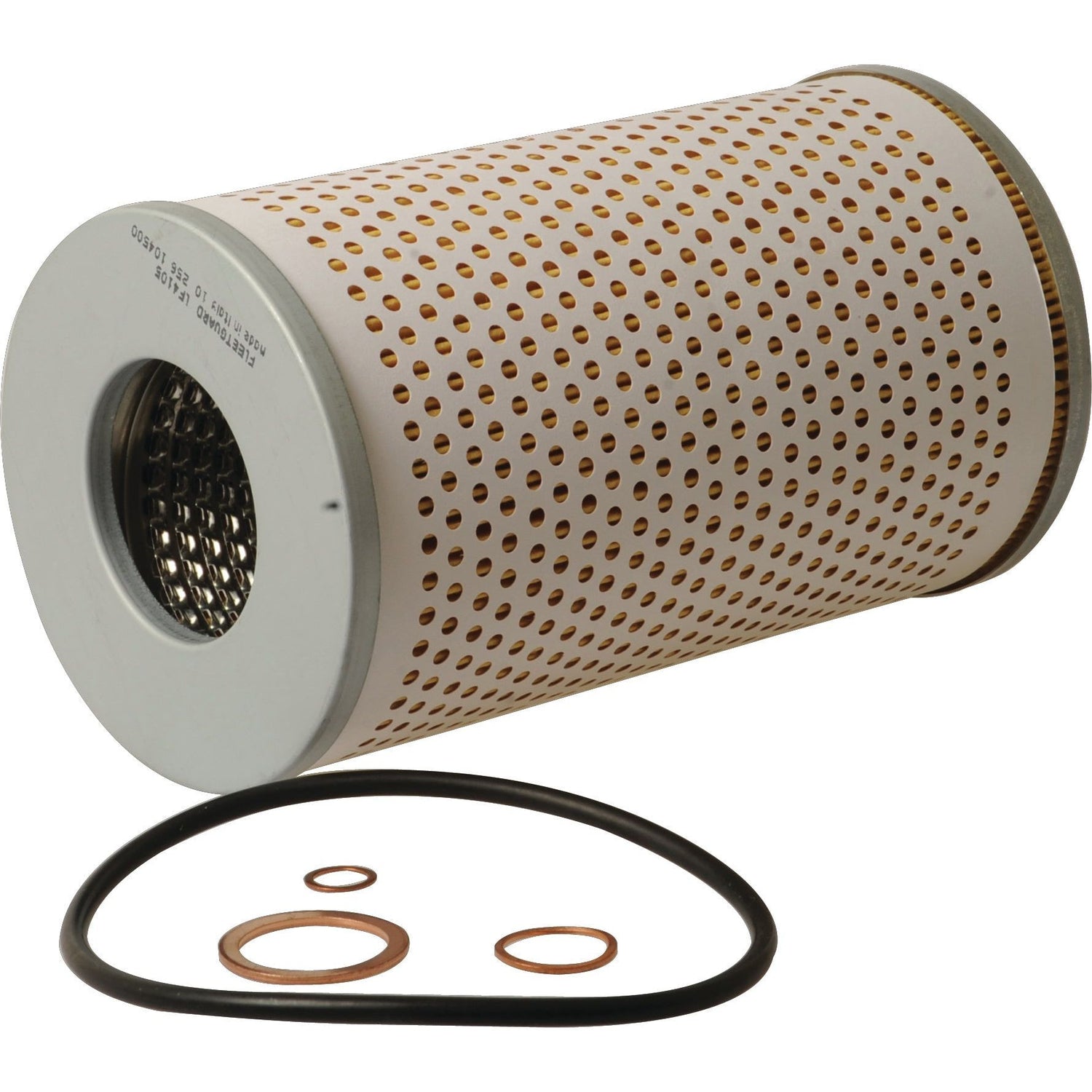 A cylindrical Sparex Oil Filter - Element - LF4105 (Sparex Part No. S.76851) with a perforated exterior and included sealing gaskets lying beside it on a white background.