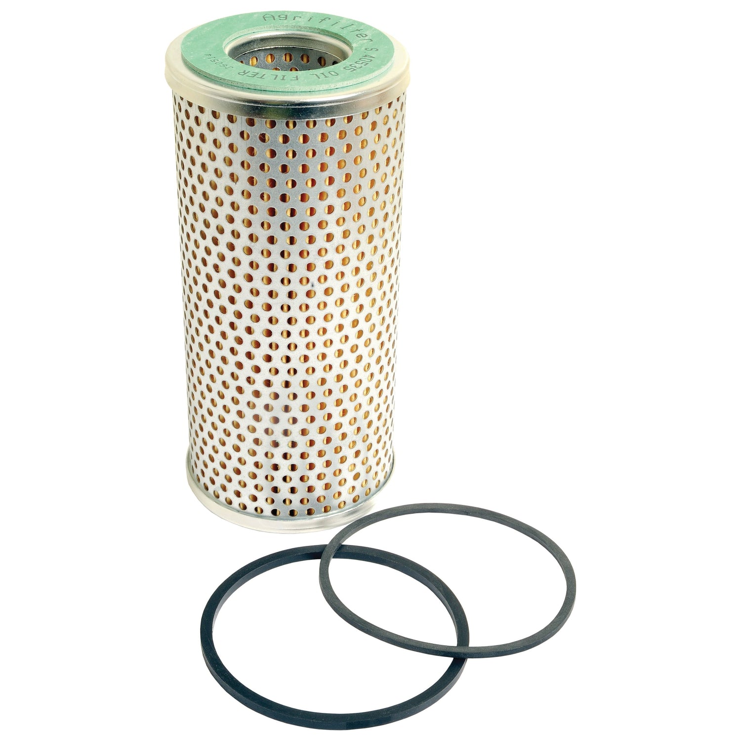 A cylindrical perforated metal oil filter, perfect for Massey Ferguson tractors, with two black rubber gaskets placed beside it on a white background. This Sparex Oil Filter - Element (Part No.S.40535) ensures optimal performance and durability.