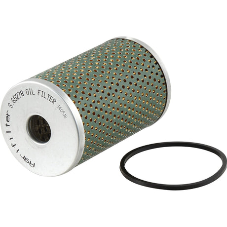 Oil filter element featuring a perforated metal exterior and a circular rubber gasket positioned beside it on a white background, compatible with tractors and branded as Sparex, Part No. S.65278.