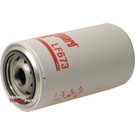 White cylindrical oil filter featuring red text that reads "LF673" and "Sparex." The branding "Massey Tractor Parts" is also visible, resembling a Fleetguard Oil Filter in design. This Spin On Oil Filter - LF673 is available under Sparex Part No.S.76907.