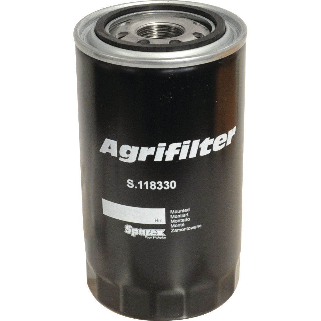 A black cylindrical Agrifilter with the designation S.118330 displayed in white text, compatible with FARMALL tractors.
Using the product data given:
A black cylindrical Sparex Oil Filter - Spin On with the part number S.118330 displayed in white text, designed for FARMALL tractors.