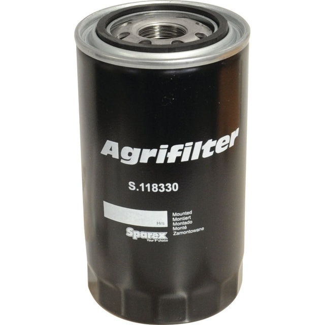 A black cylindrical Agrifilter with the designation S.118330 displayed in white text, compatible with FARMALL tractors.
Using the product data given:
A black cylindrical Sparex Oil Filter - Spin On with the part number S.118330 displayed in white text, designed for FARMALL tractors.