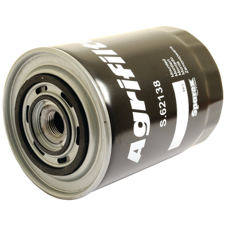 Close-up of a black, cylindrical Sparex Oil Filter - Spin On (Part No.S.62138) with metal ends, featuring white text and numbers printed on its surface. This Anti-Drain oil filter ensures optimal performance for your machinery.