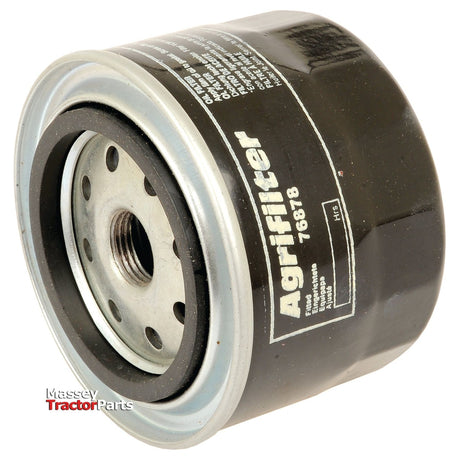 A black cylindrical oil filter with the text "Sparex S.76878" and a visible inner metal part. The image includes a logo reading "Massey Tractor Parts" and highlights its Sparex anti-drain feature.