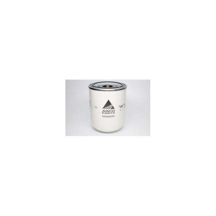A cylindrical white metal filter, designed as a tractor part for Massey Ferguson, with "AGCO V836862582" and a logo printed on its side.