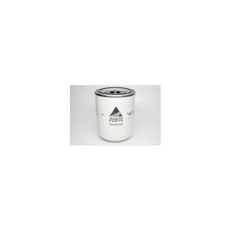 A cylindrical white metal filter, designed as a tractor part for Massey Ferguson, with "AGCO V836862582" and a logo printed on its side.