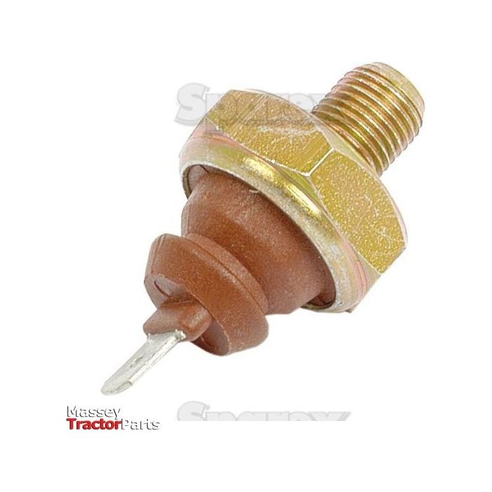 Close-up of an agricultural machinery part with a threaded metal body, a brown insulator, and a metal tab connector. The part is labeled "Massey Tractor Parts" and is similar to the Oil Pressure Switch by Sparex (Part No.S.312046), used in Deutz-Fahr models.