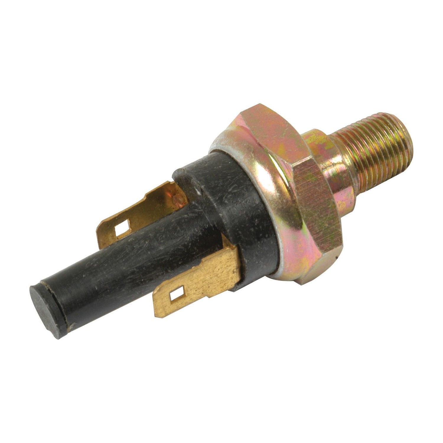 Close-up of a metallic Oil Pressure Switch | Sparex Part No.S.42448 with a threaded end and two flat electrical connectors, ideal for engines from renowned brands like Massey Ferguson.