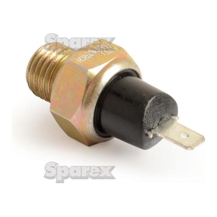 A brass oil pressure switch with a black cylindrical connector and a single metal terminal, ideal for Long Tractor. "Sparex" is watermarked on the image, and the part number is S.67216.