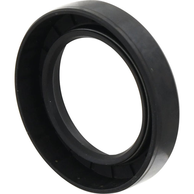 The Oil Seal 1 7/8 x 2 7/8 x 19/32, Sparex Part No. S.57673 from Sparex, is a black, circular mechanical seal featuring a slightly recessed groove on one side, engineered specifically as a front crankshaft seal for Case IH and International Harvester equipment.